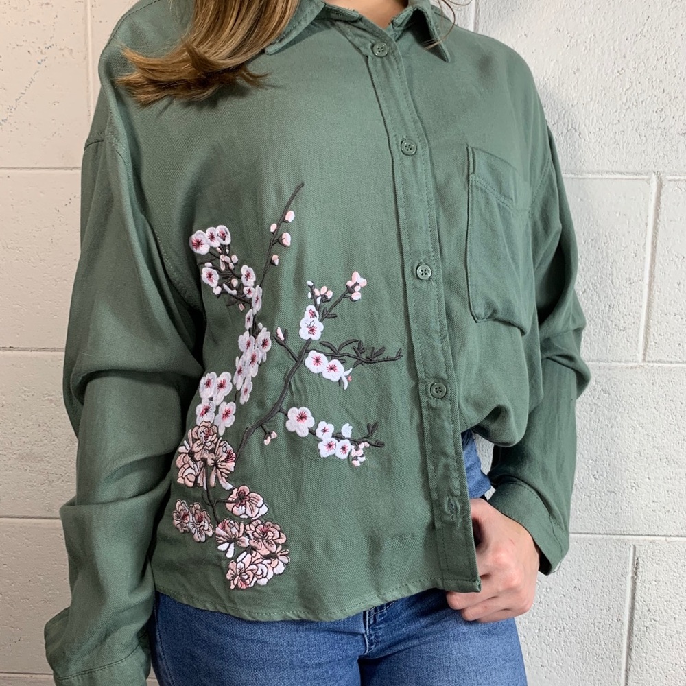Collared Green Cherry Blossom Button Down Shirt